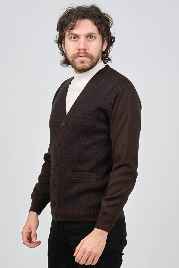 Erkek Desenli Yün Hırka 6092090 Kahverengi