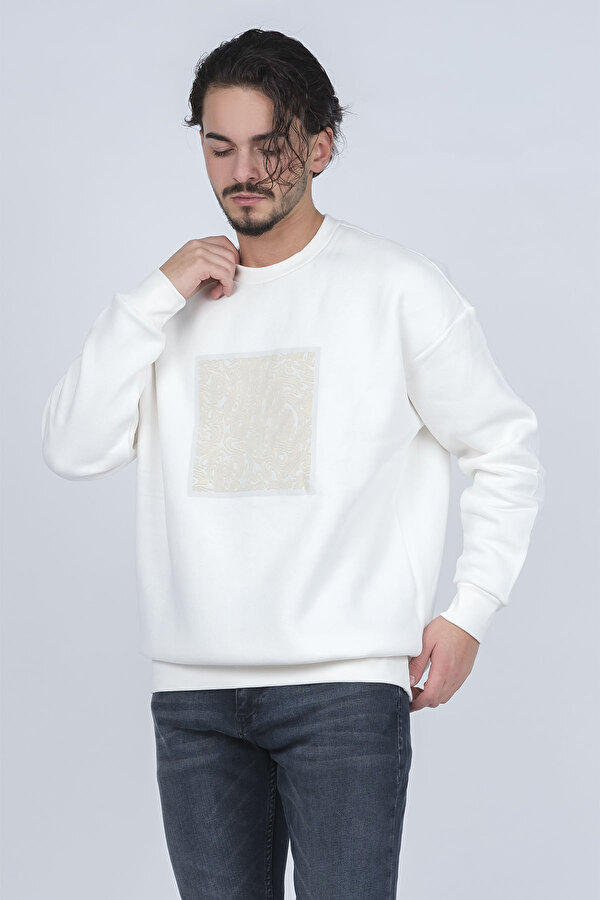 Erkek Desenli Bisiklet Yaka Sweatshirt 6609900 Ekru