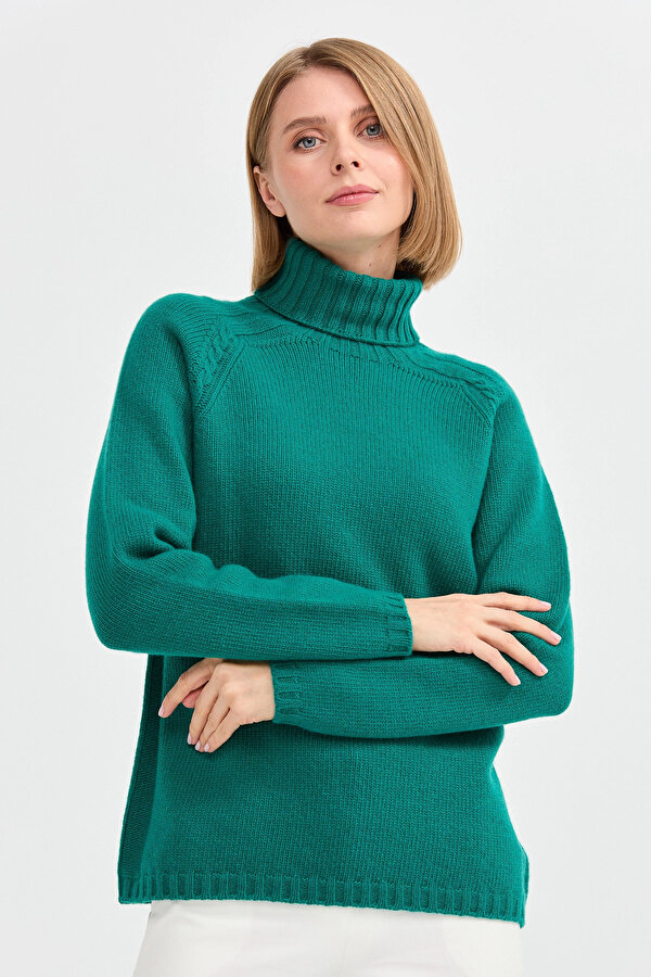 Kadın Tam Balıkçı Yaka Omzu Saç Örgülü Yün Kazak 22097 Yeşil