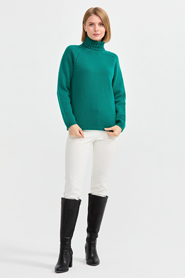 Kadın Tam Balıkçı Yaka Omzu Saç Örgülü Yün Kazak 22097 Yeşil