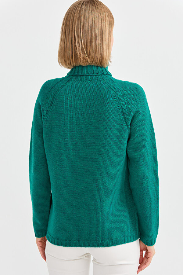 Kadın Tam Balıkçı Yaka Omzu Saç Örgülü Yün Kazak 22097 Yeşil