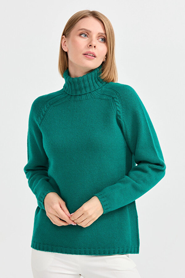 Kadın Tam Balıkçı Yaka Omzu Saç Örgülü Yün Kazak 22097 Yeşil