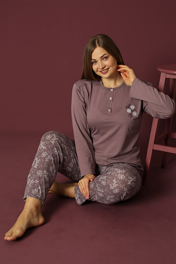 Uzun Kollu %100 Pamuk Büyük Beden Anne Pijama Takımı- Anne Özel Serisi