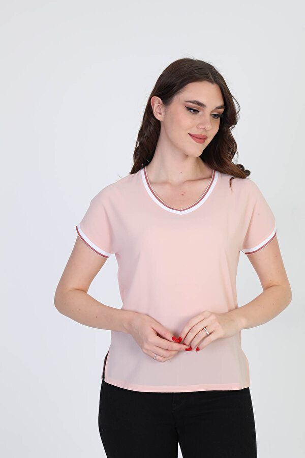 Kadın Yakası ve Kolları Simli Şerit Detaylı Bluz 5010022 Pudra