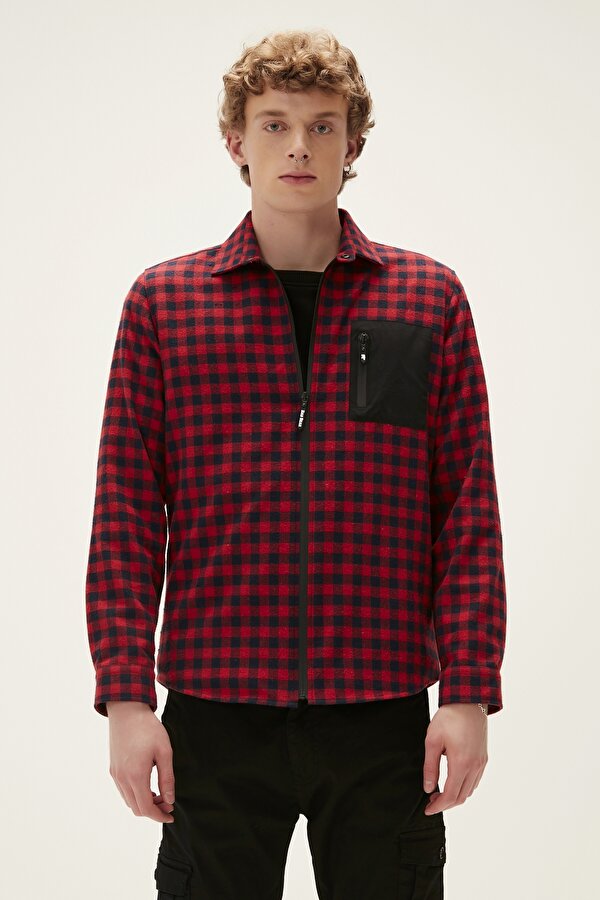 Liam Shirt Crimson Red Kırmızı Kareli Fermuarlı Erkek Gömlek