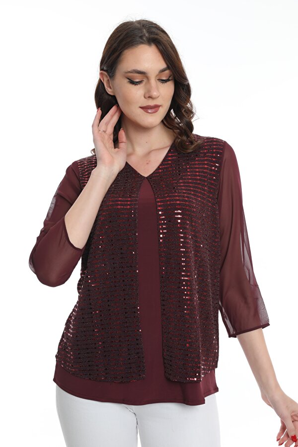Kadın Kolları Tül Detaylı Bluz 19E040 Bordo