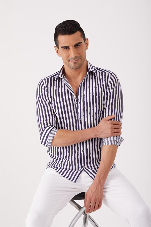 Lacivert Erkek Slim Fit Çizgili Brent Yaka Uzun Kol Gömlek - 84280