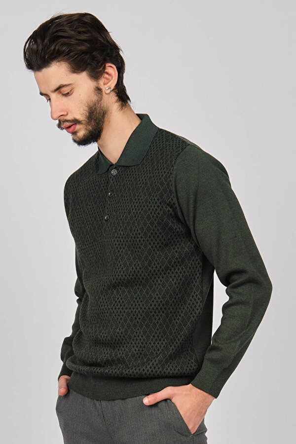 Erkek Desenli Polo Yaka Yün Kazak 1571053 Yeşil