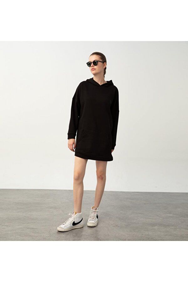 Frig Kapüşonlu Tunik Sweatshirt Siyah