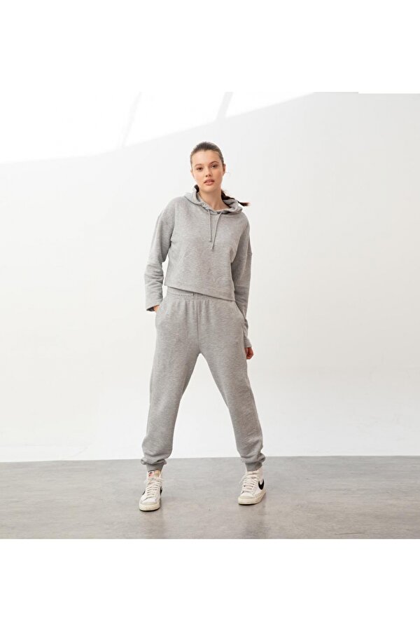 Bolthor Kapüşonlu Crop Sweatshirt Açık Gri Melanj