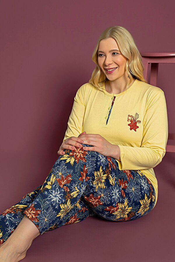 Uzun Kollu %100 Pamuk Büyük Beden Anne Pijama Takımı- Anne Özel Serisi