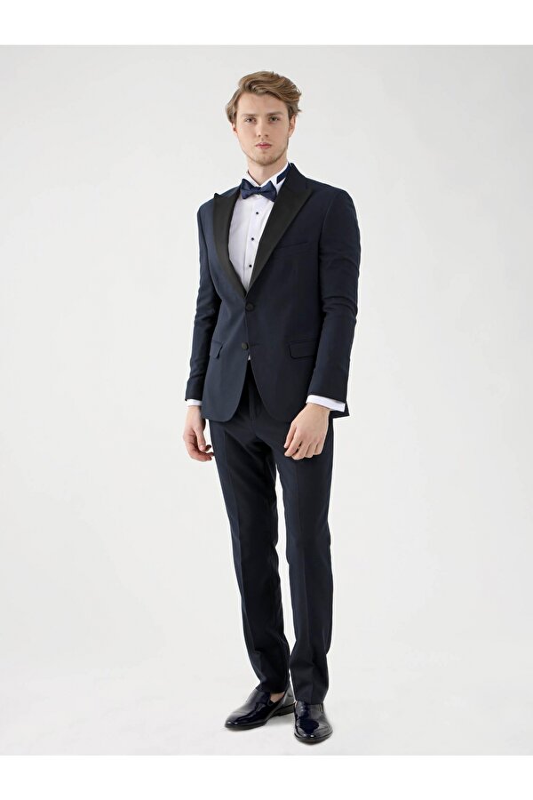 Lacivert Erkek Slim Fit Düz Sivri Yaka Smokin Takım - 92401