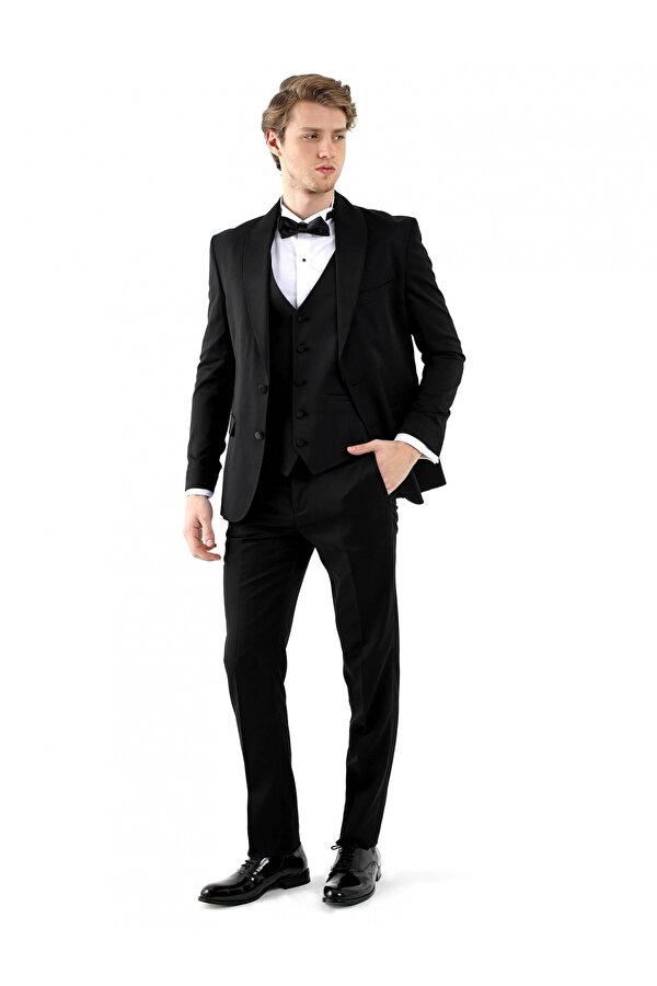 Siyah Erkek Slim Fit Düz Sivri Yaka Smokin Takım - 92425