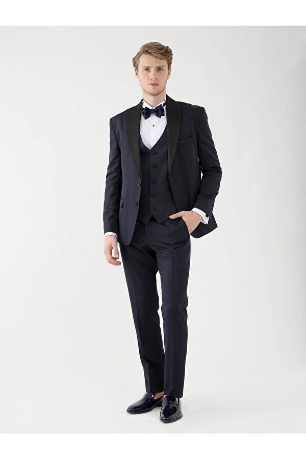 Lacivert Erkek Slim Fit Düz Sivri Yaka Smokin Takım - 92417