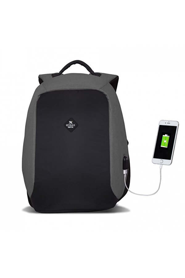 Smart Bag Secret Usb Şarj Girişli Akıllı Sırt Çantası Gri