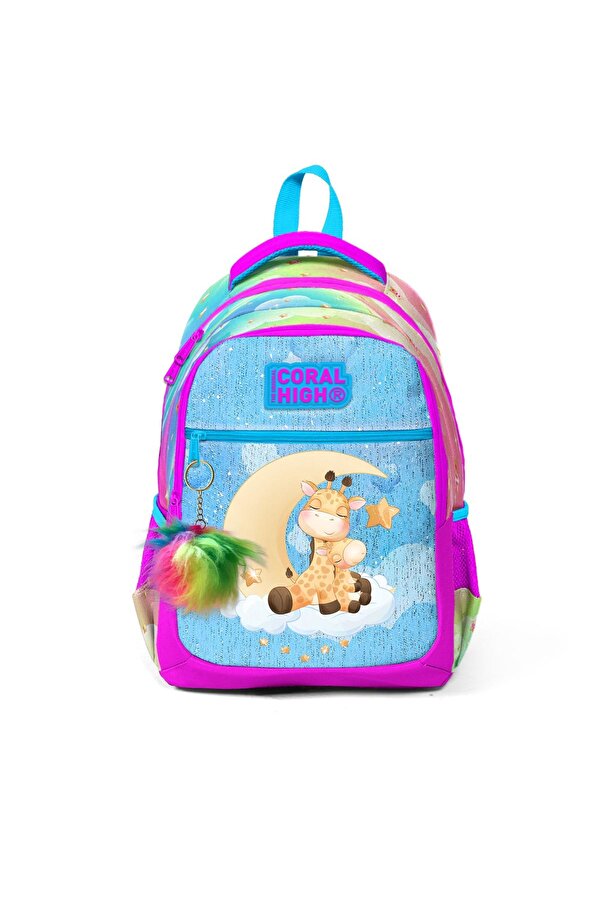 Kids Mavi Pembe Zürafa Desenli Üç Bölmeli Okul Sırt Çantası 23479