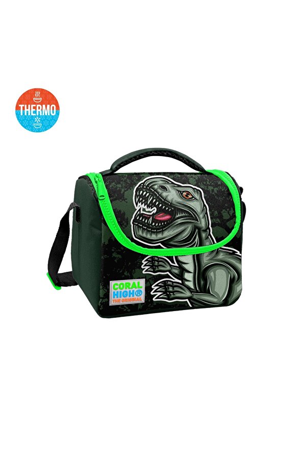 Kids Koyu Yeşil Siyah Dinozor Desenli Thermo Beslenme Çantası 11725