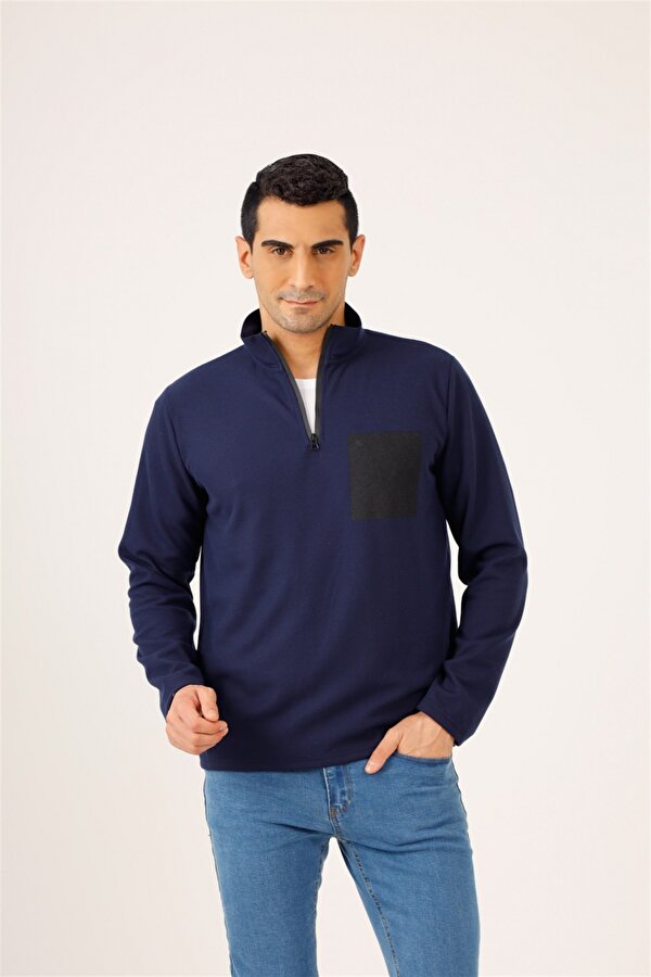 Lacivert Erkek Regular Fit Baskılı Fermuarlı Dik Yaka  Sweatshirt - 91849