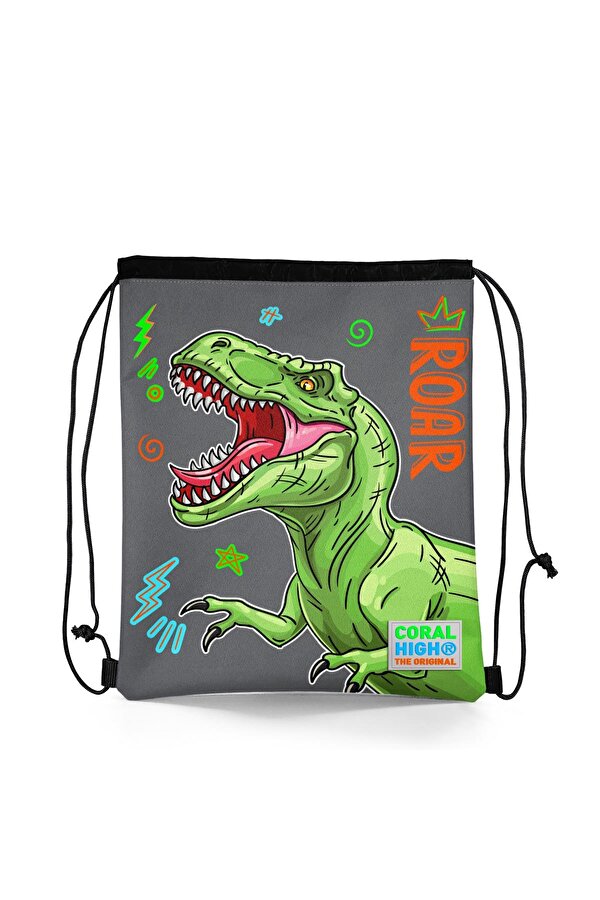 Kids Siyah Gri Dinozor Desenli İpli Büzgülü Sırt Çantası 22444