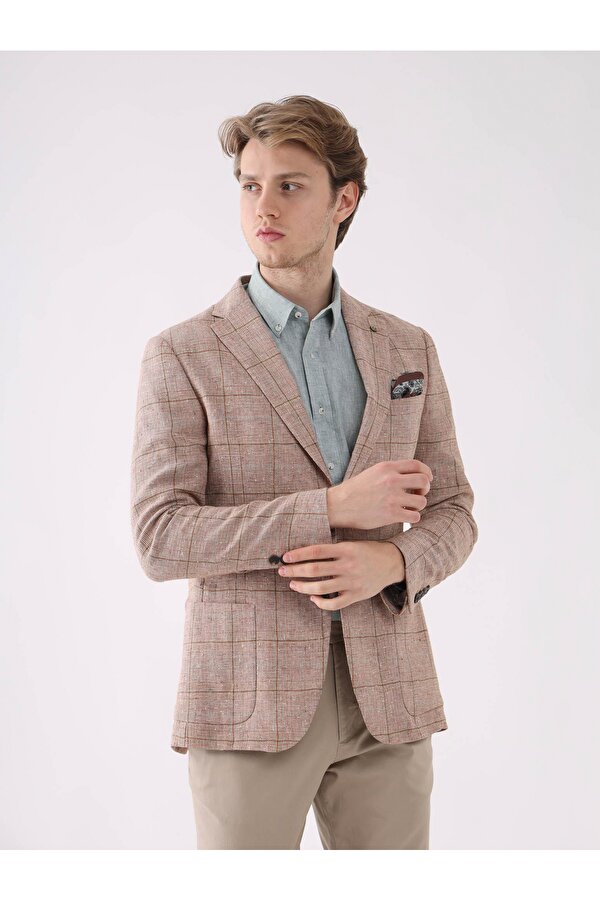 Bakır Erkek Modern Fit Ekose Desenli Mono Yaka Ceket - 67880