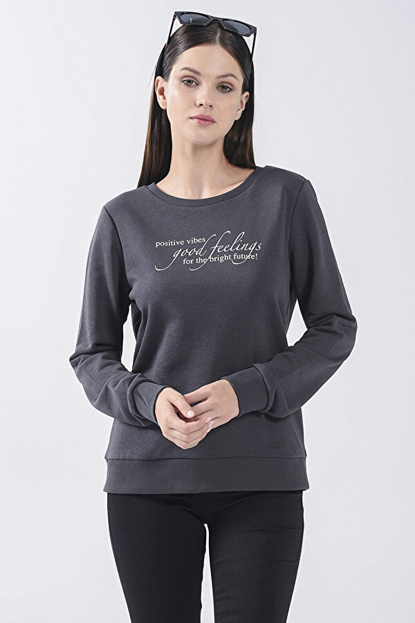 Kadın Bisiklet Yaka Baskılı Sweatshirt 5370375 Füme