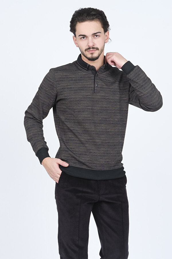 Erkek Desenli Polo Yaka Triko Sweat 6782252 Vizon