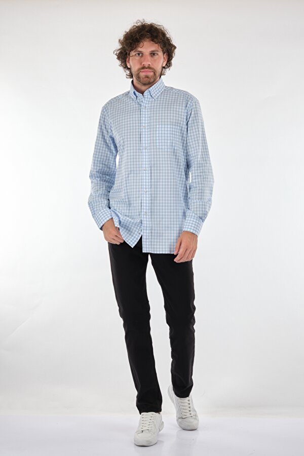 Düz Yaka Kareli Uzun Kollu Açık Mavi-Beyaz Erkek Gömlek 1102640