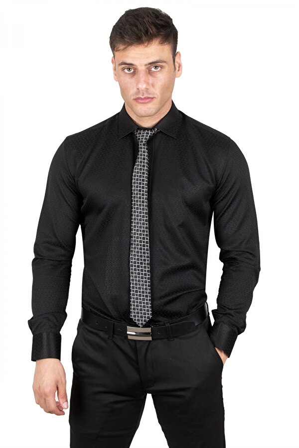 DeepSEA Erkek Siyah Dik Yaka Nokta Desenli Jakarlı Slim Fit Gömlek 2309349