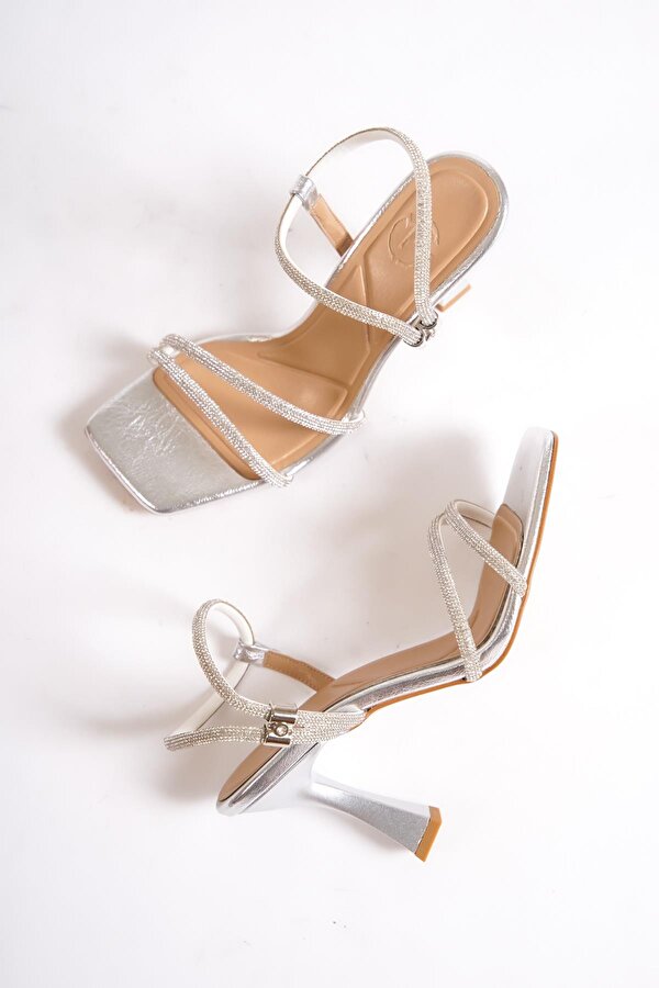 Midney Gümüş Taşlı Topuklu Abiye Ayakkabı