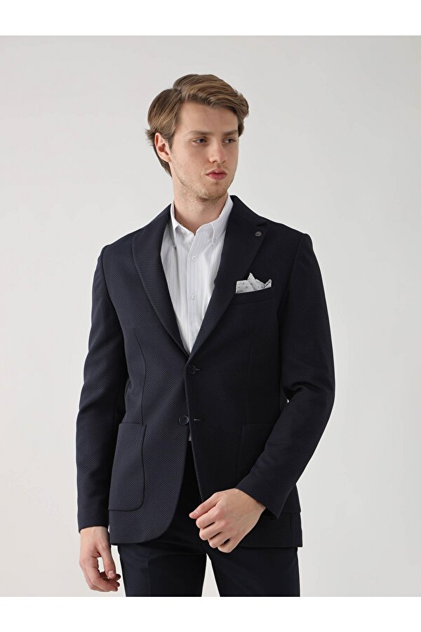 Lacivert Erkek Slim Fit Armürlü  Mono Yaka Ceket - 95392