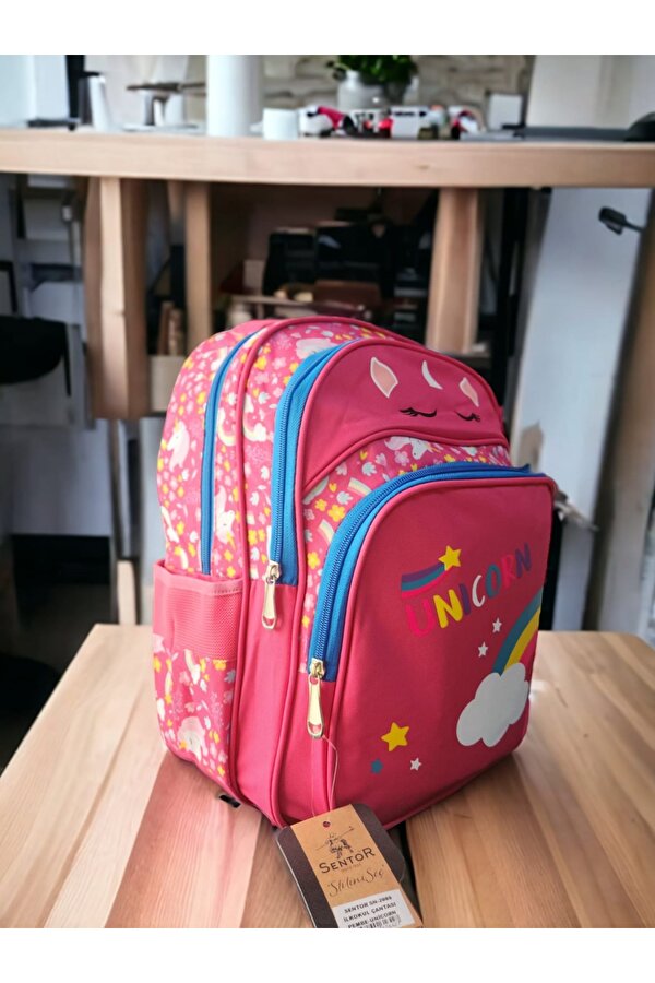 Pembe UNICORN & Gökkuşağı Baskılı İlkokul Çantası ve Beslenme Çantası