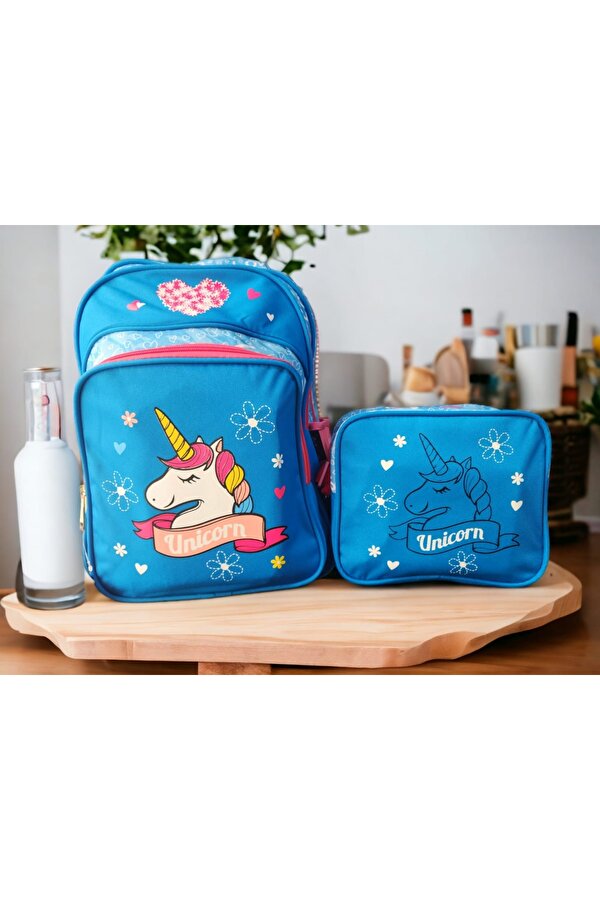 Mavi Unicorn Baskılı İlkokul Çantası Ve Beslenme Çantası