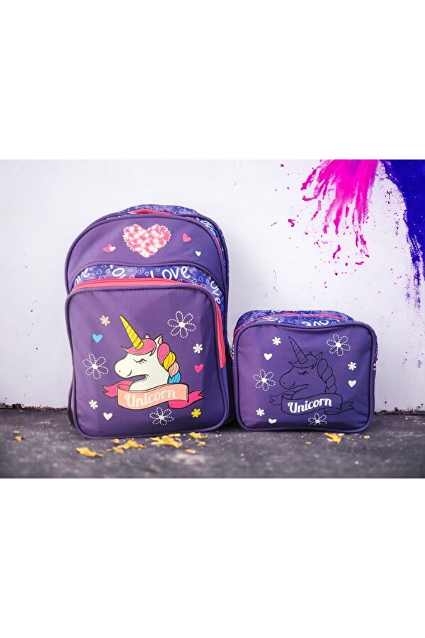 Mor UNICORN Baskılı İlkokul Çantası Ve Beslenme Çantası