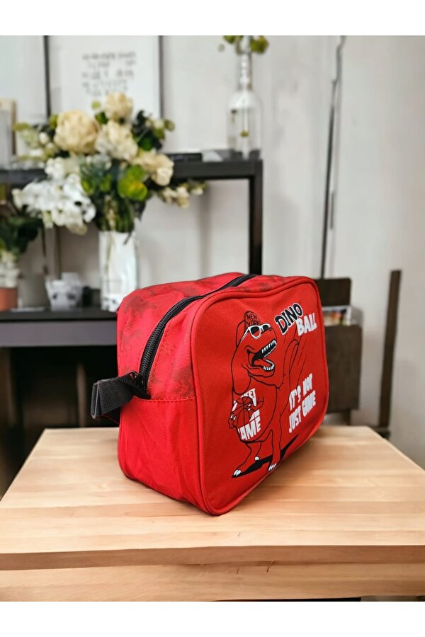Dinazor Temalı Kırmızı Kumaşlı Okul Çantası ve Beslenme Çantası