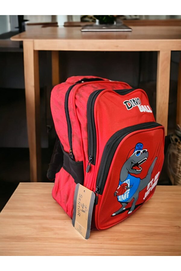 Dinazor Temalı Kırmızı Kumaşlı Okul Çantası ve Beslenme Çantası