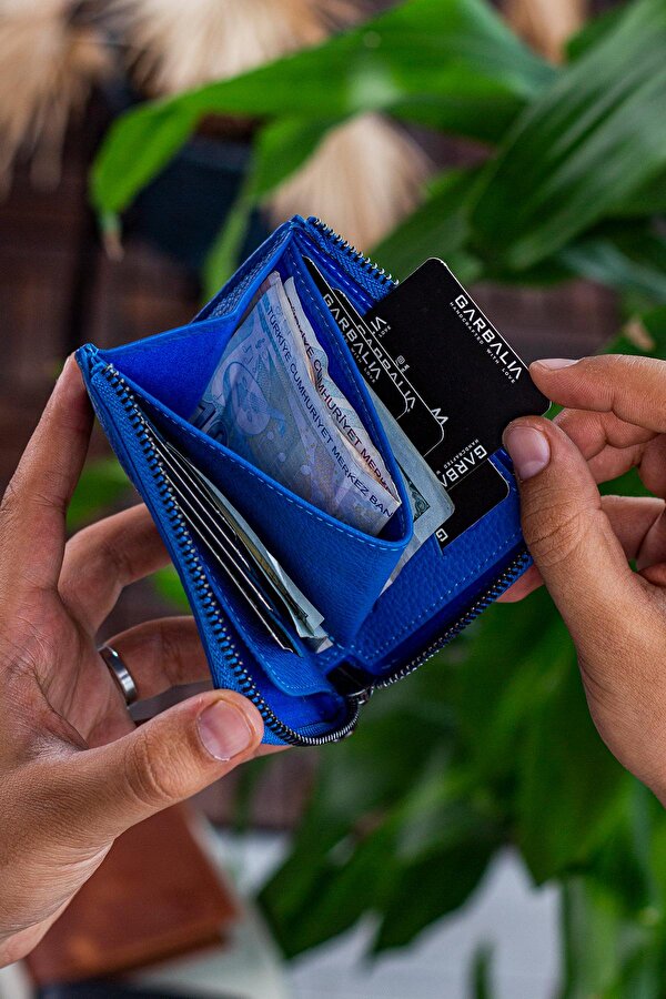 Leeds Hakiki Deri Fermuarlı Unisex Cüzdan Saks Mavi