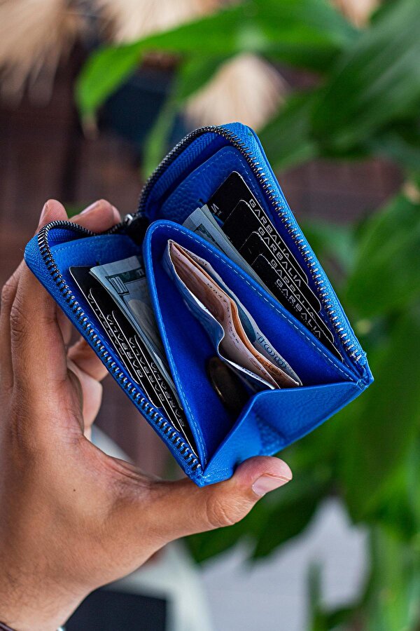 Leeds Hakiki Deri Fermuarlı Unisex Cüzdan Saks Mavi