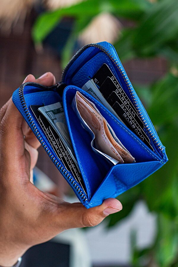 Leeds Hakiki Deri Fermuarlı Unisex Cüzdan Saks Mavi