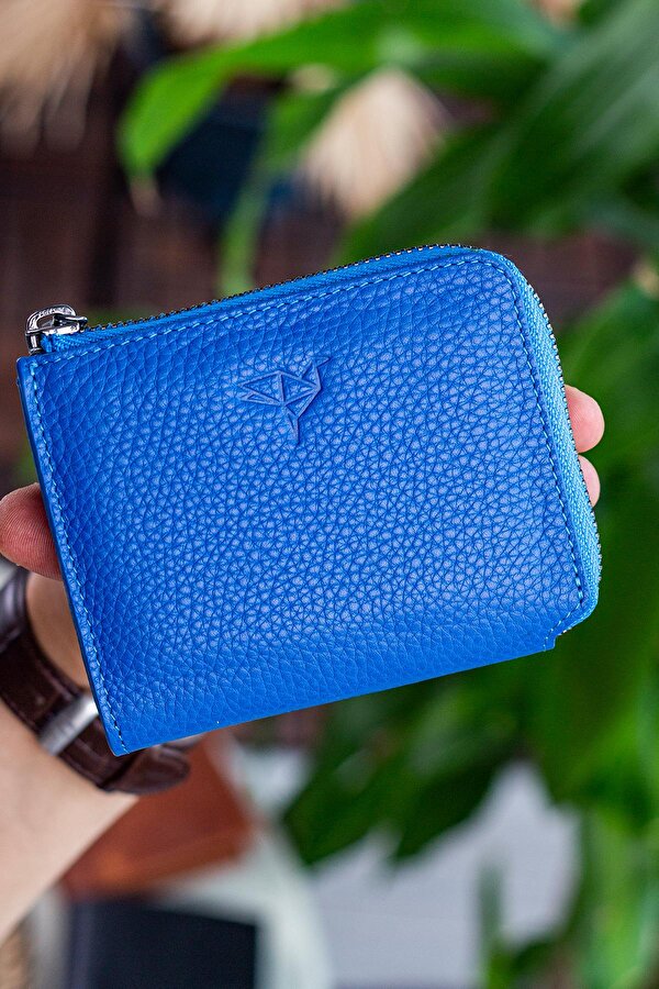 Leeds Hakiki Deri Fermuarlı Unisex Cüzdan Saks Mavi