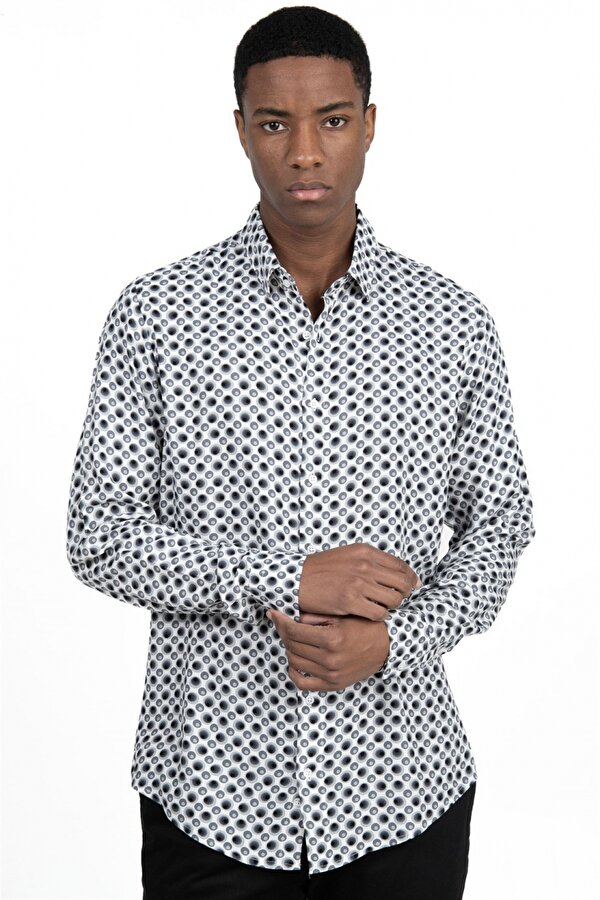 Slim Fit Dar Kesim Uzun Kol Baskılı Desen Viskon Spor Erkek Gömlek