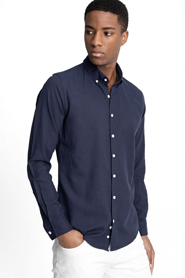 Slim Fit Uzun Kol Biyeli Yaka Düğmeli Keten Erkek Lacivert Gömlek
