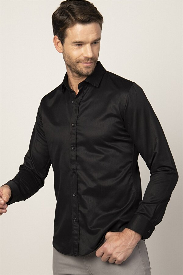 Slim Fit Armürlü Erkek Siyah Gömlek