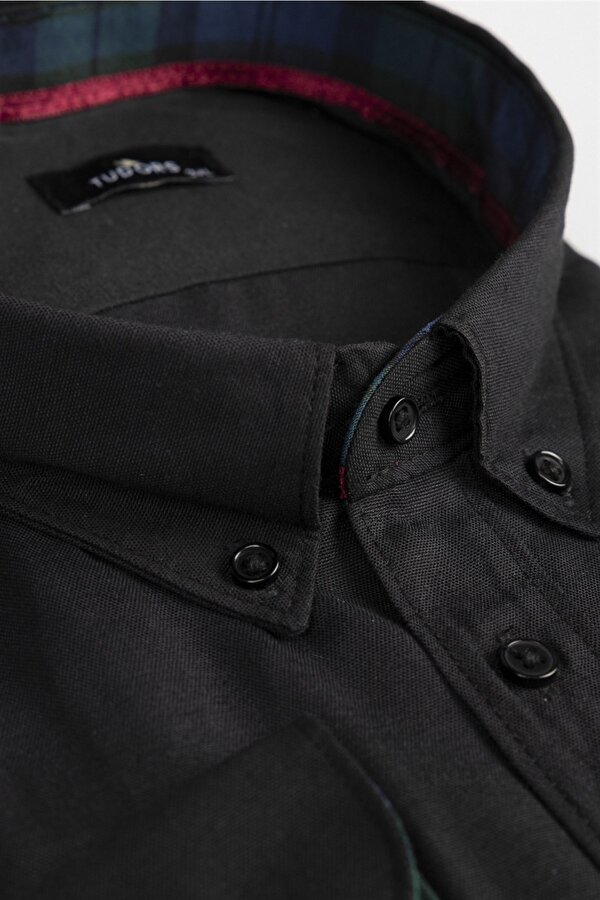 Erkek Big Size Büyük Beden Uzun Kollu Pamuklu Oxford Doku Tek Cepli Siyah Düğmeli Yaka Gömlek