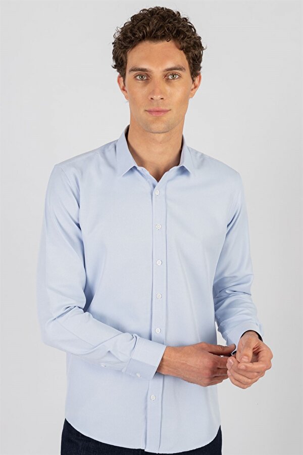 Modern Slim Fit Pamuklu Kolay Ütü Armürlü Erkek Mavi Gömlek
