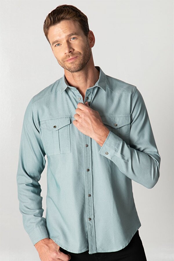 Slim Fit Spor Yaka Yıkamalı Çift Cepli Armürlü Denim Mint Erkek Gömlek