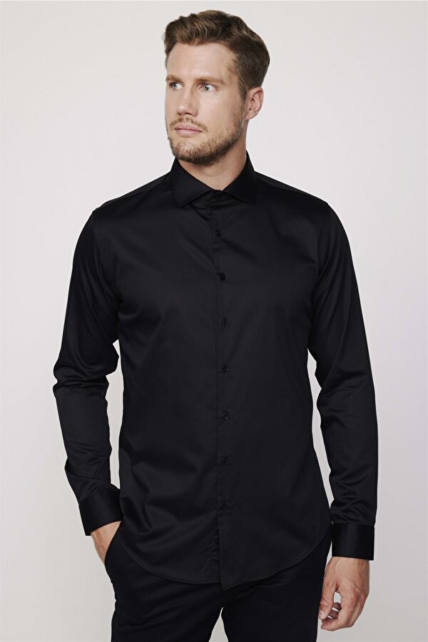 Slim Fit Koton SatenPremium Seri Erkek Siyah Gömlek