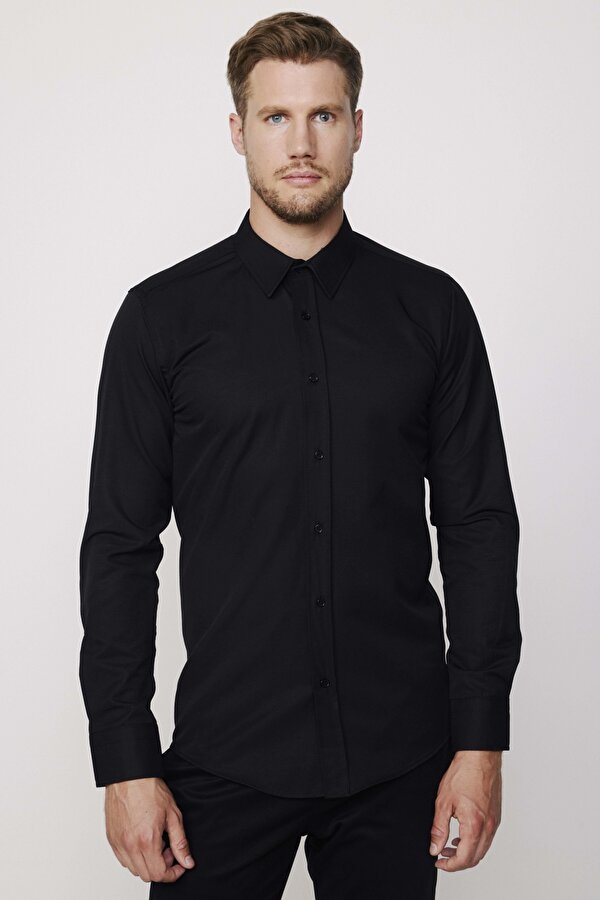 Modern Slim Fit Pamuklu Kolay Ütü Armürlü Erkek Siyah Gömlek