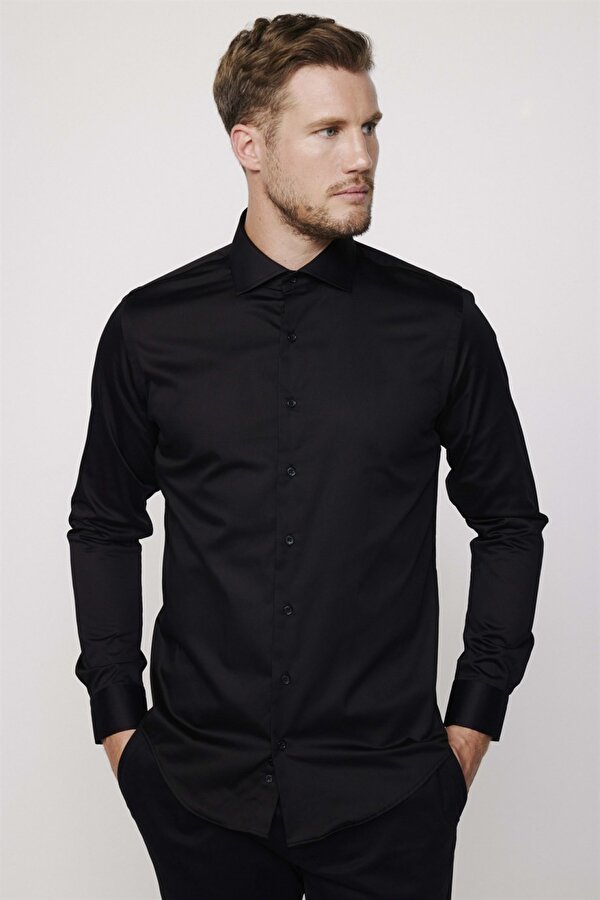 Slim Fit %100 Koton SatenPremium Erkek Siyah Gömlek