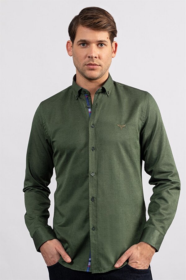 Erkek Slim Fit Dar Kesim Uzun Kollu Pamuklu Oxford Doku Kolay Ütülenebilir Yeşil Düğmeli Yaka Gömlek
