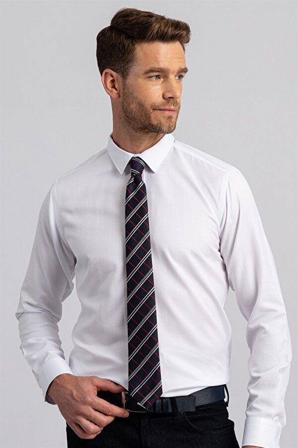 Modern Slim Fit Pamuklu Kolay Ütü Armürlü Erkek Beyaz Gömlek